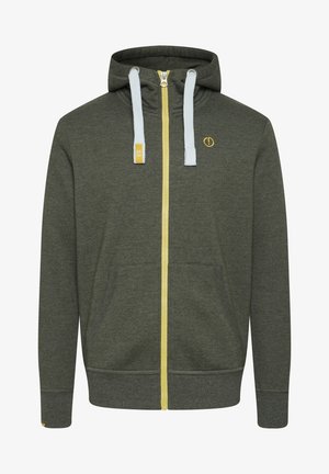 Dunkelgrüner Reißverschluss-Hoodie mit gelbem Reißverschluss und blauen Kordeln. Verfügt über Fronttaschen und ein Logodetail. Weiche Stofftextur.