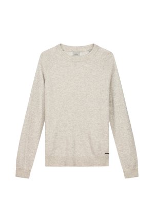 Vaaleanharmaa neulottu villapaita, jossa on pitkät raglan-hihat, pyöreä kaula-aukko sekä ribbaus hihansuissa ja helman alareunassa. Sisältää pienen brändilapun sivussa.