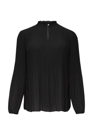 Blouse noire à manches longues avec un design plissé, col haut et petit bouton de fermeture au niveau du cou. Texture légère et lisse.