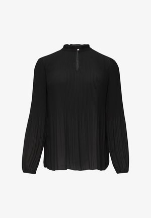 Black long-sleeve blouse with a pleated design, high collar, and a small button closure at the neckline. Lightweight, smooth texture.