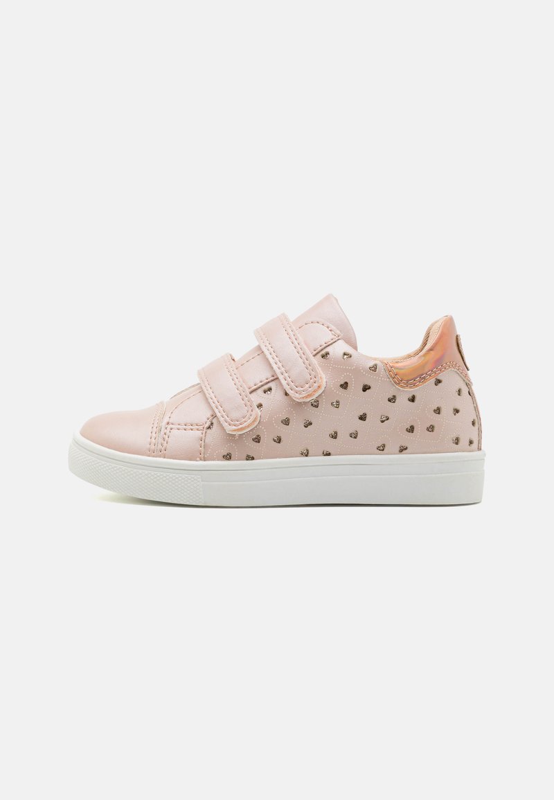 Pink sneaker with two velcro straps, smooth material and gold heart patterns on the sides, white rubber sole, low profile design.