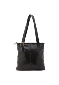 Borsa a tote nera in pelle con una texture liscia, dotata di due manici e un dettaglio fibbia in tono oro. Design minimalista con linee pulite.