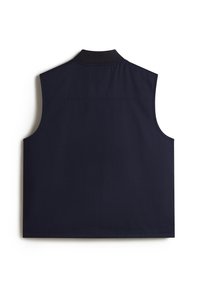 Gilet senza maniche blu navy con colletto nero, caratterizzato da una texture liscia, linee pulite e senza chiusure o motivi visibili.