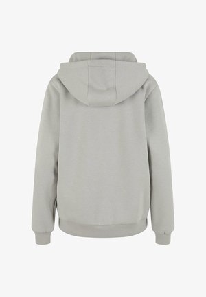 Light gray hoodie with a loose fit, adjustable drawstring hood, long sleeves, and ribbed cuffs and hem. Soft, textured fabric.
