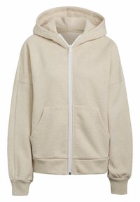 Sweat à capuche beige zippé avec poches avant, poignets côtelés et capuche, présenté sur fond blanc.