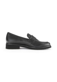 Zwarte leren instap loafers met een lage, gestructureerde rubberen zool en een decoratieve band over de wreef. Gladde afwerking met een klassiek ontwerp.