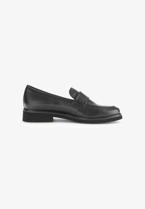 Zwarte leren instap loafers met een lage, gestructureerde rubberen zool en een decoratieve band over de wreef. Gladde afwerking met een klassiek ontwerp.