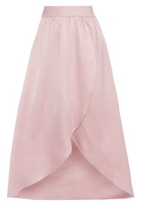 Rosa satin midi kjol med elastisk midjeband, med en draperad design och asymmetrisk nederkant. Slät textur med mjuk lyster.