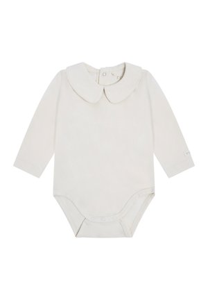 Hvid langærmet babybody med Peter Pan-krave og trykknapper i bunden for nem ble-skift.