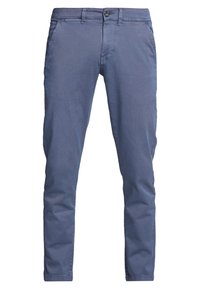 Modré bavlněné kalhoty typu chino z keprové tkaniny s úzkým střihem. Mají přední zapínání na knoflíky, poutka na pásek a boční kapsy. Hladká textura a jednobarevný vzhled.
