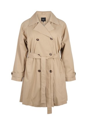 Smėlio spalvos trench coat, pagamintas iš medvilnės mišinio, su dvigubu užsegimu priekyje, plačiomis atvirojo tipo apykaklėmis ir atitinkančiu diržu. Patenkinimo mygtukų akcentai ant rankovių.