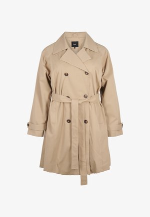 Beige trench coat made of cotton blend, featuring a double-breasted front, wide lapels, and a matching belt. Button accents on sleeves.