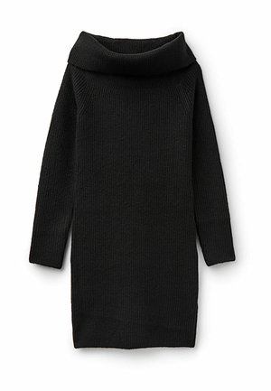Black knitted dress with a relaxed cowl neckline, long sleeves, and a straight hem. The texture features a subtle ribbed pattern.