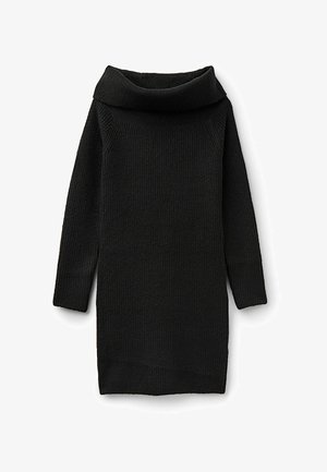 Vestito nero in maglia con scollatura a cappuccio rilassata, maniche lunghe e orlo dritto. La trama presenta un sottile motivo a costine.