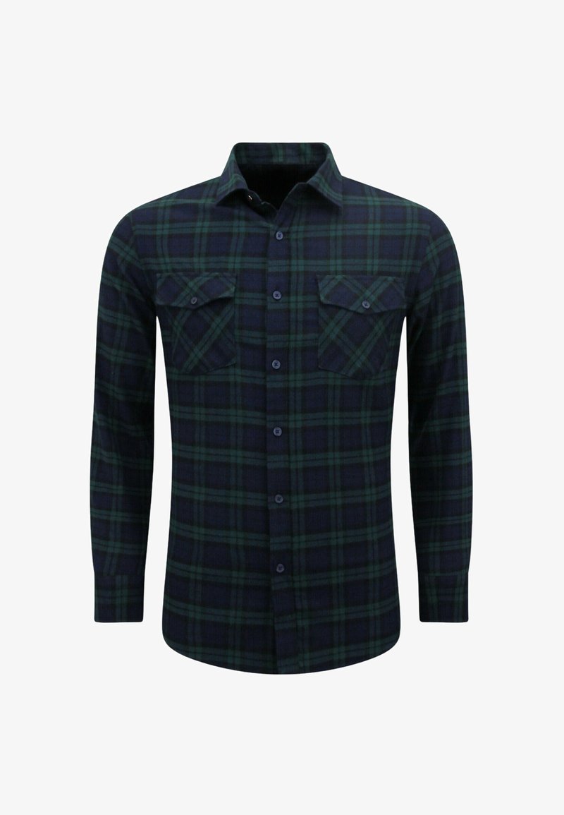 Lange mouwen geruite blouse met een donker groene en marineblauwe patroon, twee borstzakken en knoopsluiting. Gemaakt van zachte stof, relaxed fit.