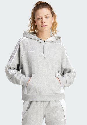 Grauer Hoodie mit weißen Akzentstreifen, vorderen Taschen und verstellbarem Kordelzug. Hergestellt aus weichem, strukturiertem Stoff, mit einem Logodetail.