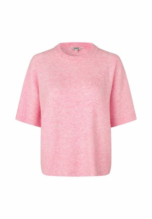 Lühikeste varrukatega, ümara kaelusega heleroosa kampsun, millel on tekstuurse, soonilise mustriga lõdvestunud lõige.