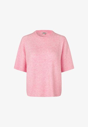 Rövid ujjú, kerek nyakú pulóver világos rózsaszínben, texturált, bordázott mintával és laza szabással.