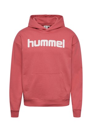 Pink hættetrøje med front kangurulomme og hvidt "hummel" logo trykt på brystet.