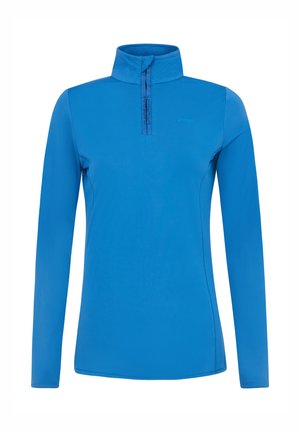 Langsleeve top in helderblauw, met een half-rits kraag, zachte textuur en subtiele logo-details. Ontworpen voor actieve doeleinden.