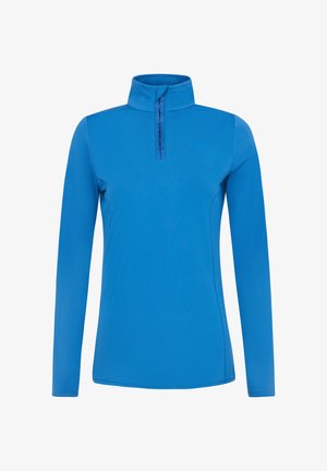 Langsleeve top in helderblauw, met een half-rits kraag, zachte textuur en subtiele logo-details. Ontworpen voor actieve doeleinden.