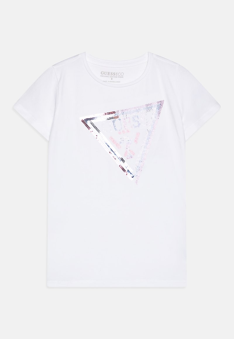 Camiseta de algodón blanca con mangas cortas que presenta un diseño de logo triangular en lentejuelas multicolores en la parte delantera.