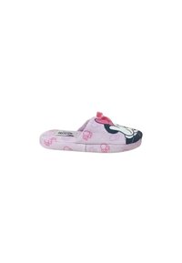Pantofole rosa a tema Minnie Mouse con tessuto morbido, design aperto sul retro, grafica del cartone animato sulla punta e motivo floreale sui lati.