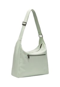 Bolso de hombro en verde menta con tejido suave, un compartimento principal con cremallera y un bolsillo exterior con cremallera. Correa ajustable con herrajes de metal.