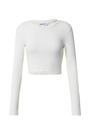 Witte cropped long-sleeve top gemaakt van ribstof, met een ronde halslijn en een eenvoudige uitstraling, zonder patronen of accenten.