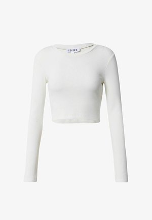 Weißes, kurzes Langarmoberteil aus geripptem Stoff, mit rundem Ausschnitt und schlichtem Design, ohne Muster oder Akzente.