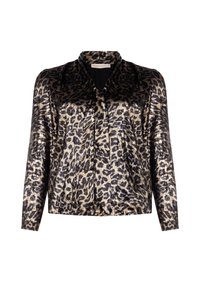 Blusa da donna a maniche lunghe con stampato leopardato dorato e nero lucido, spalle arricciate e scollo a V con colletto piccolo.
