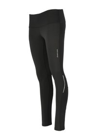 Sorte strækleggings med en bred talje, glat stof og sidelommer med lynlås samt reflekterende detaljer langs sømmene.