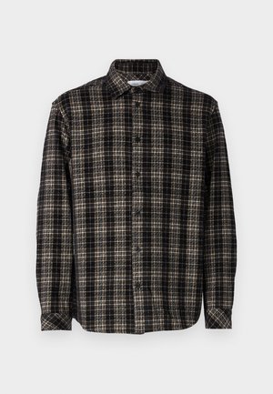 Musta ja beige ruudullinen paita, pitkät hihat, napit edessä, klassinen kaulus ja pehmeä rakenne, joka on hyvin muotoiltu.