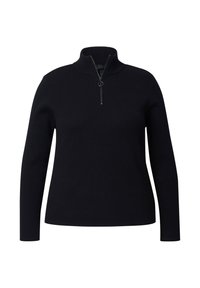 Zwarte geribbelde pullover met een hoge kraag en korte rits. Lange mouwen en een getailleerd design, gemaakt van zacht textielmateriaal.