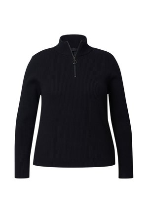 Pullover nero a coste con colletto alto e zip corta. Maniche lunghe e design aderente, realizzato in morbido tessuto.