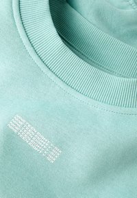 Felpa di cotone verde menta con collo a costine e grafica testuale bianca sul davanti. Texture liscia e linee pulite.