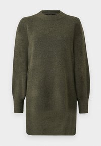 Langermet olivengrønn strikket kjole med ribbet rund hals, mansjetter og kant.