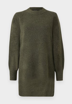 Long-sleeve olive green knit sweater dress with ribbed crew neckline, cuffs, and hem.