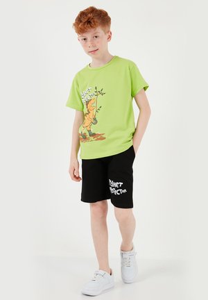 Punapäine poiss, kes kannab rohelist "Planeedi Kaitseja" dinosauruselist t-särki, musti pükse, millel on "Planeedi Kaitseja" tekst, ja valgeid tossusid, seisab valgel taustal.