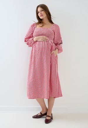 JoJo Maman Bébé MATERNITY FIT - EMBROIDERED PUFF SLEEVE SHIRRED GINGHAM MATERNITY MIDI - Dnevna haljina - bright red