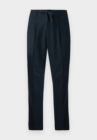 Navy blue trousers made of textured fabric, featuring a drawstring waist, straight legs, and two front pleats for a tailored appearance.