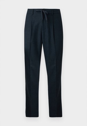 Pantalones azul marino hechos de un tejido texturizado, con cintura con cordón, piernas rectas y dos pliegues frontales para un aspecto ajustado.