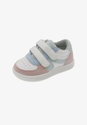 Scarpa da bambino bianca, rosa e azzurra chiara con doppie strisce in velcro e fori nella zona delle dita.