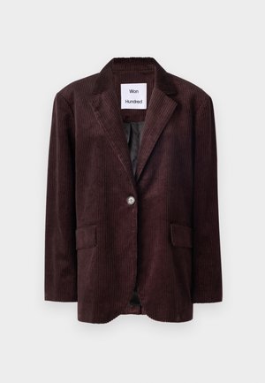 Mørkebrun fløjlsblazer med klassisk krave, enkelt knaplukning og to forlommer. Tekstureret stof med lodrette ribber.