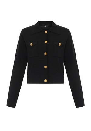 Zwarte cropped jas van geweven stof, met een puntige kraag, twee voorkruiken en accenten van gouden knopen.