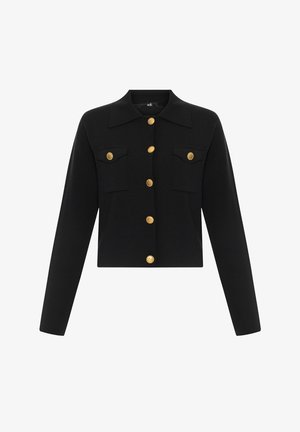 Sort cropped jakke i vævet stof med spidse kraver, to forlommer og guldknapdetaljer.