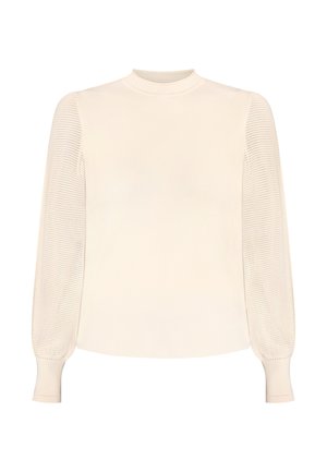 Cremefarbene Langarmbluse mit strukturierten Netz-Volantsärmeln und gerippten Bündchen, mit einem figurbetonten Rundhalsausschnitt.