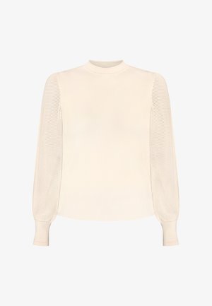Crèmekleurige blouse met lange mouwen, getextureerde mesh pofmouwen en geribbelde boorden, voorzien van een aangesloten ronde hals.