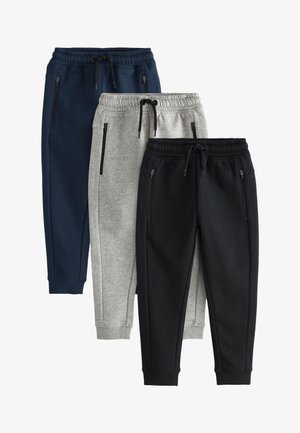 Tre par joggersbukser med lynlås i marineblå, lysegrå og sort med elastiske taljebånd og snore.
