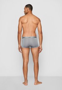 Graue Boxer-Briefs mit weicher Textur und einem mit Logo versehenen Bund, von hinten betrachtet. Das Design ist körperbetont und hat einen mittel-hohen Schnitt.